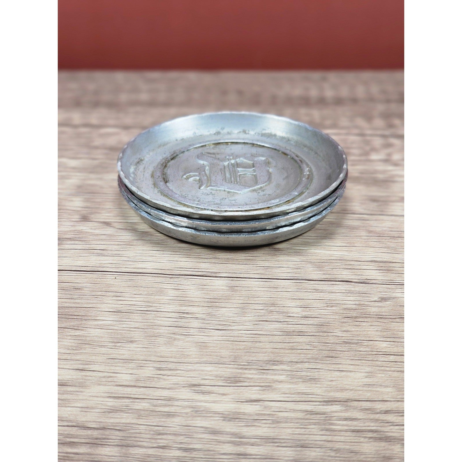 Vintage Aluminum Coaster Set of 3 Embossed D Monogram 3 3/8 Inch