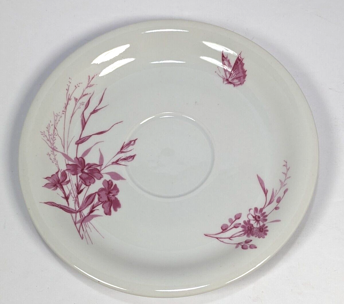 Vintage Moritz Zdekauer Czechoslovakia 5.5″ Saucer Pink Floral Butterfly Trim