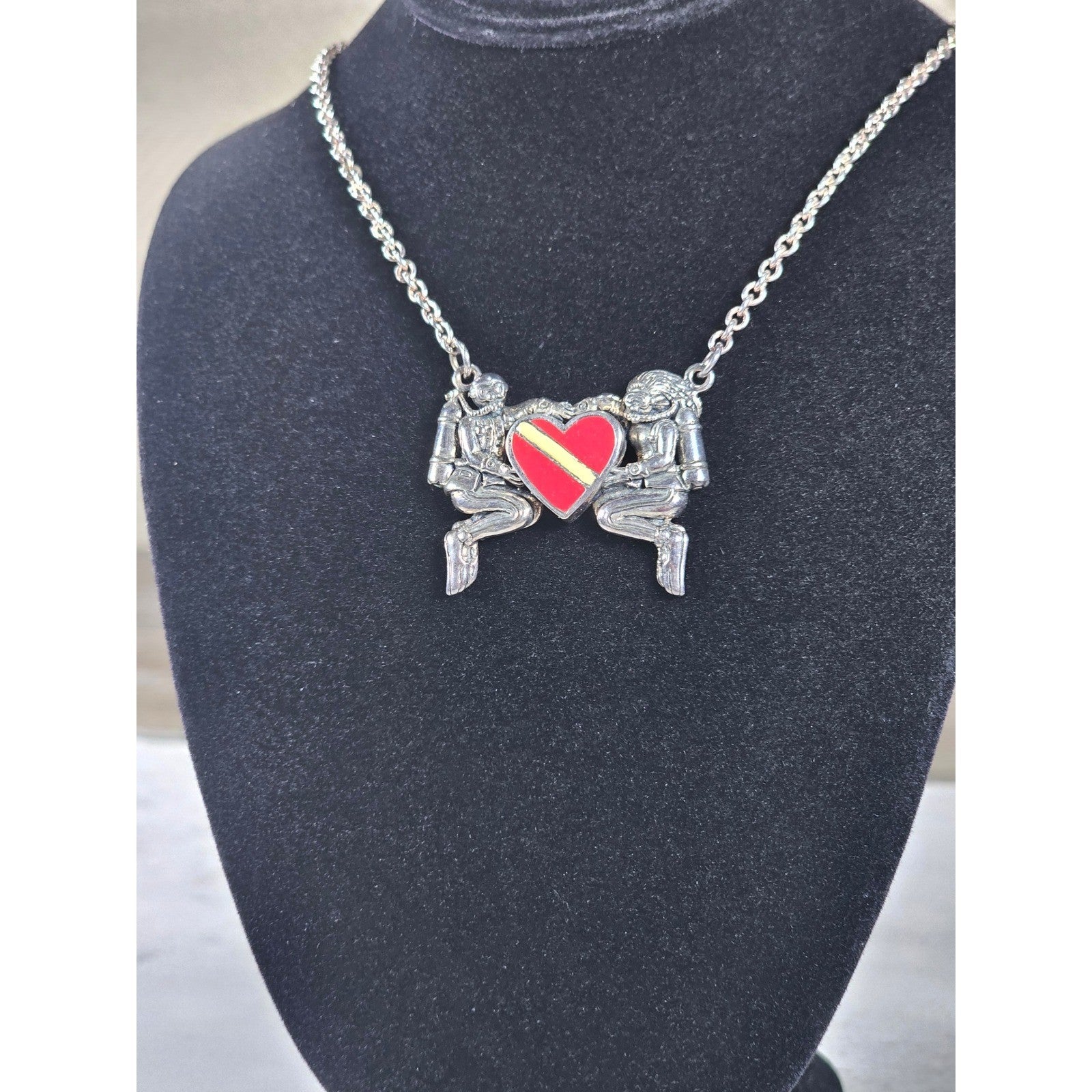 Vintage Sterling Silver Diver Heart Necklace Red Enamel Pendant