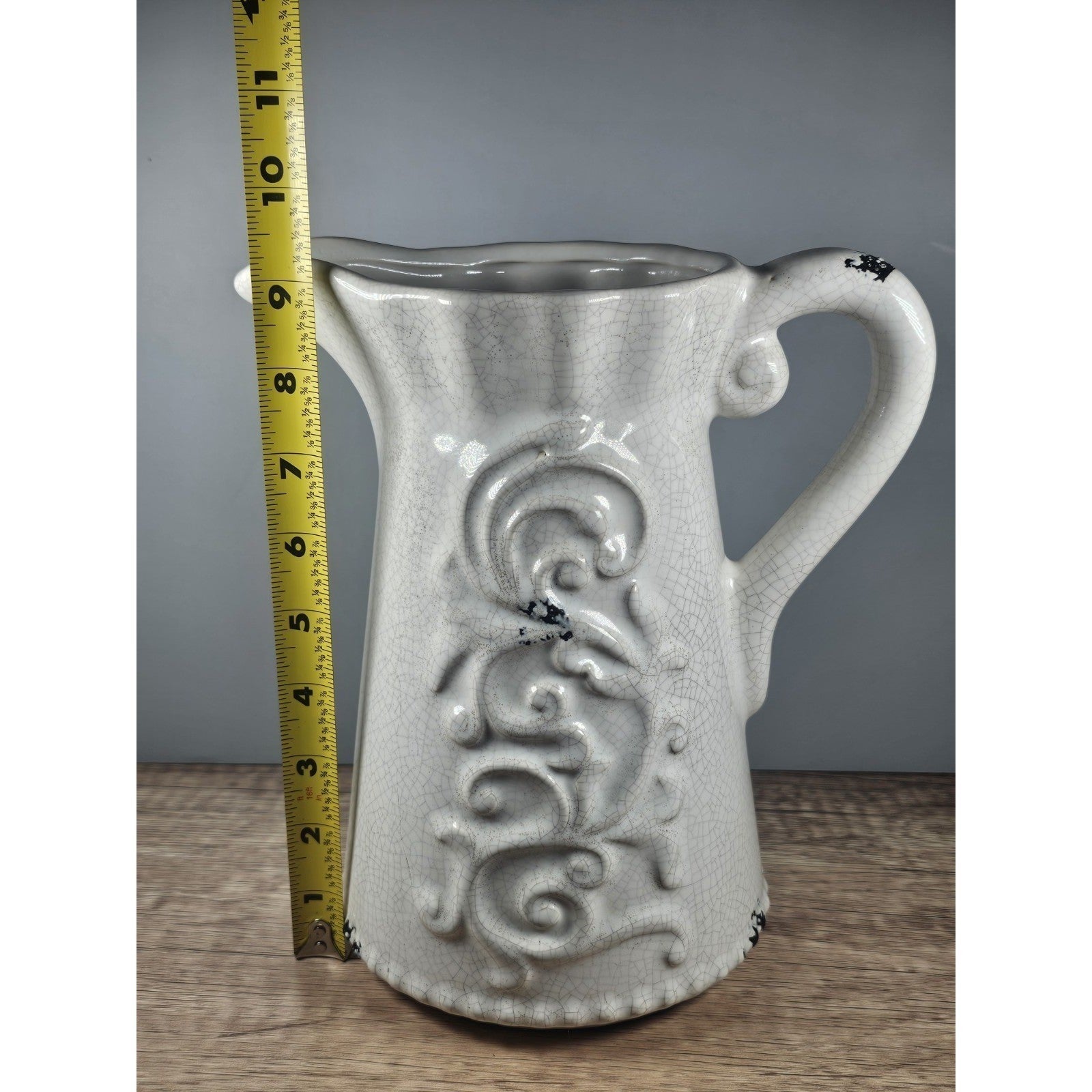 Vintage White Crackle Pitcher Art Nouveau Style Ceramic Vase 9 Inch