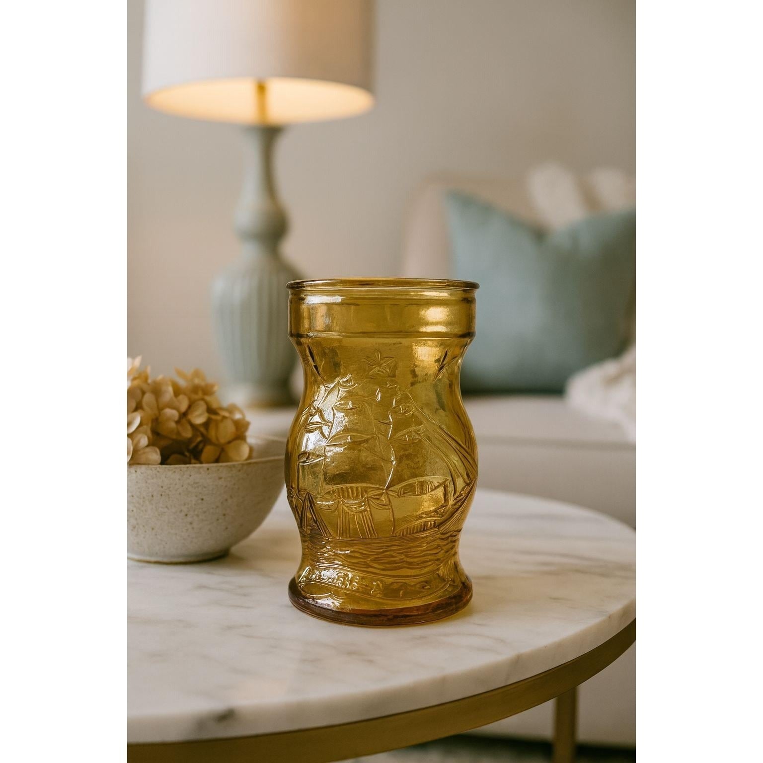 Vintage Amber Glass Nautical Ship Jar 3.75" Embossed Maritime Decor