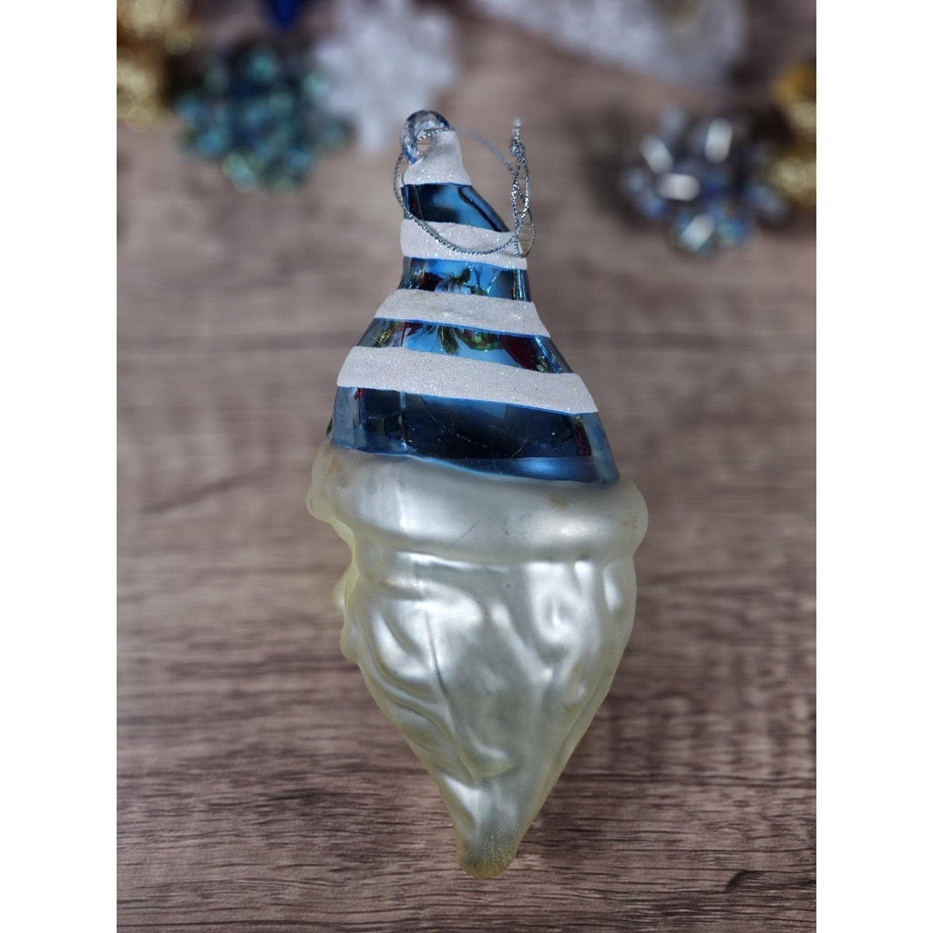 Vintage Handblown Glass Santa Ornament 7 Inch Blue Hat 1970s