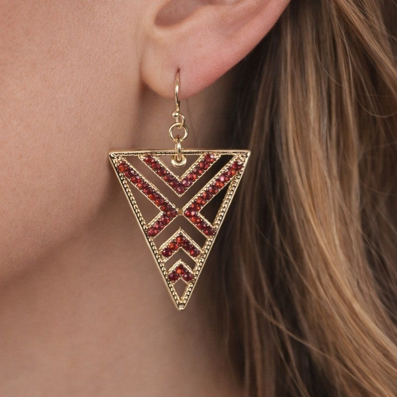 Gold Tone Red Rhinestone Triangle Dangle Earrings Geometric