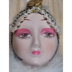 Vintage 1920s Porcelain Doll Gold White Lace Feather Boa In Box