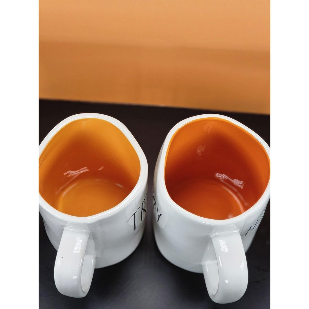Vintage Rae Dunn Halloween Mugs Set Orange Interior Double Sided Ceramic