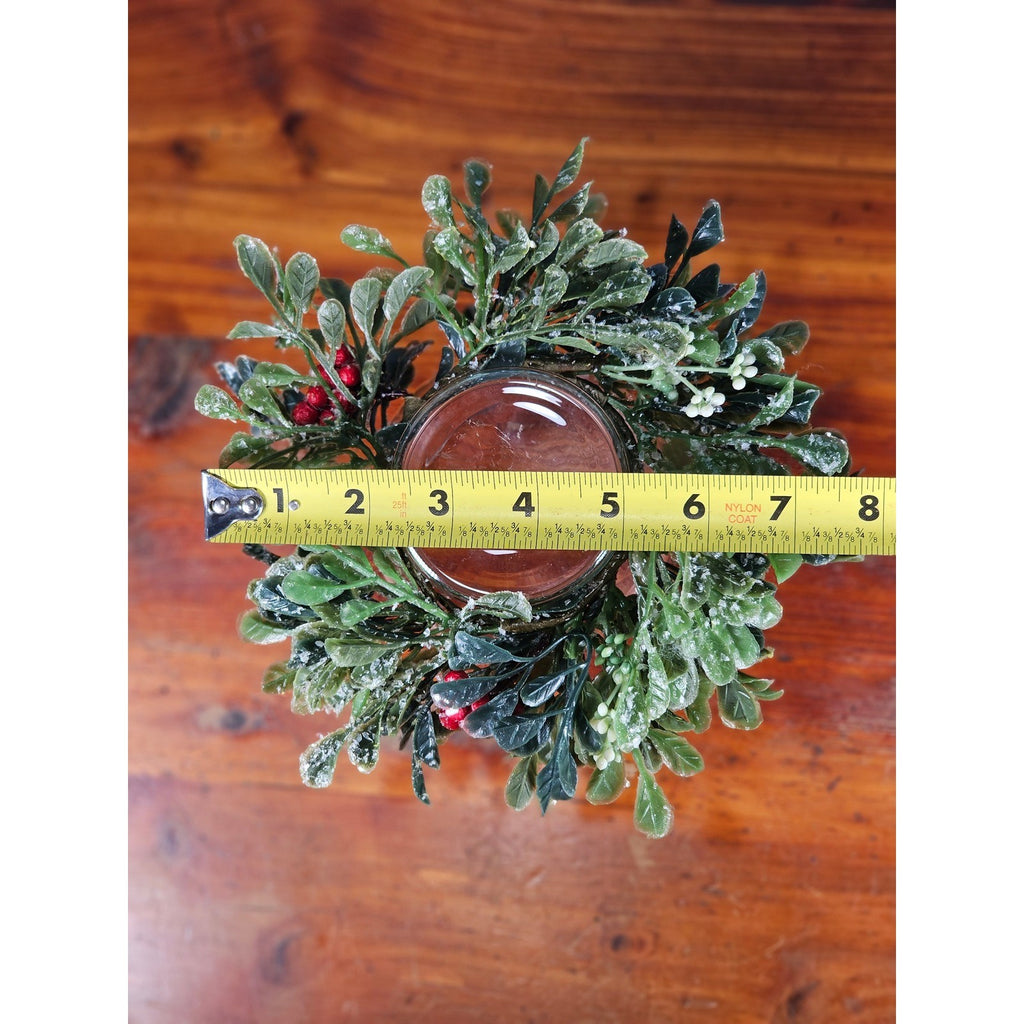 Glass Hurricane Candle Holder with Faux Greenery Ring, 6" Tall Table Decor