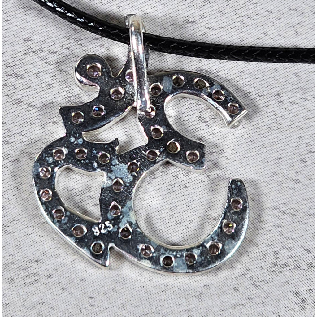 Vintage Sterling Silver Om Necklace Pink Crystal Pendant