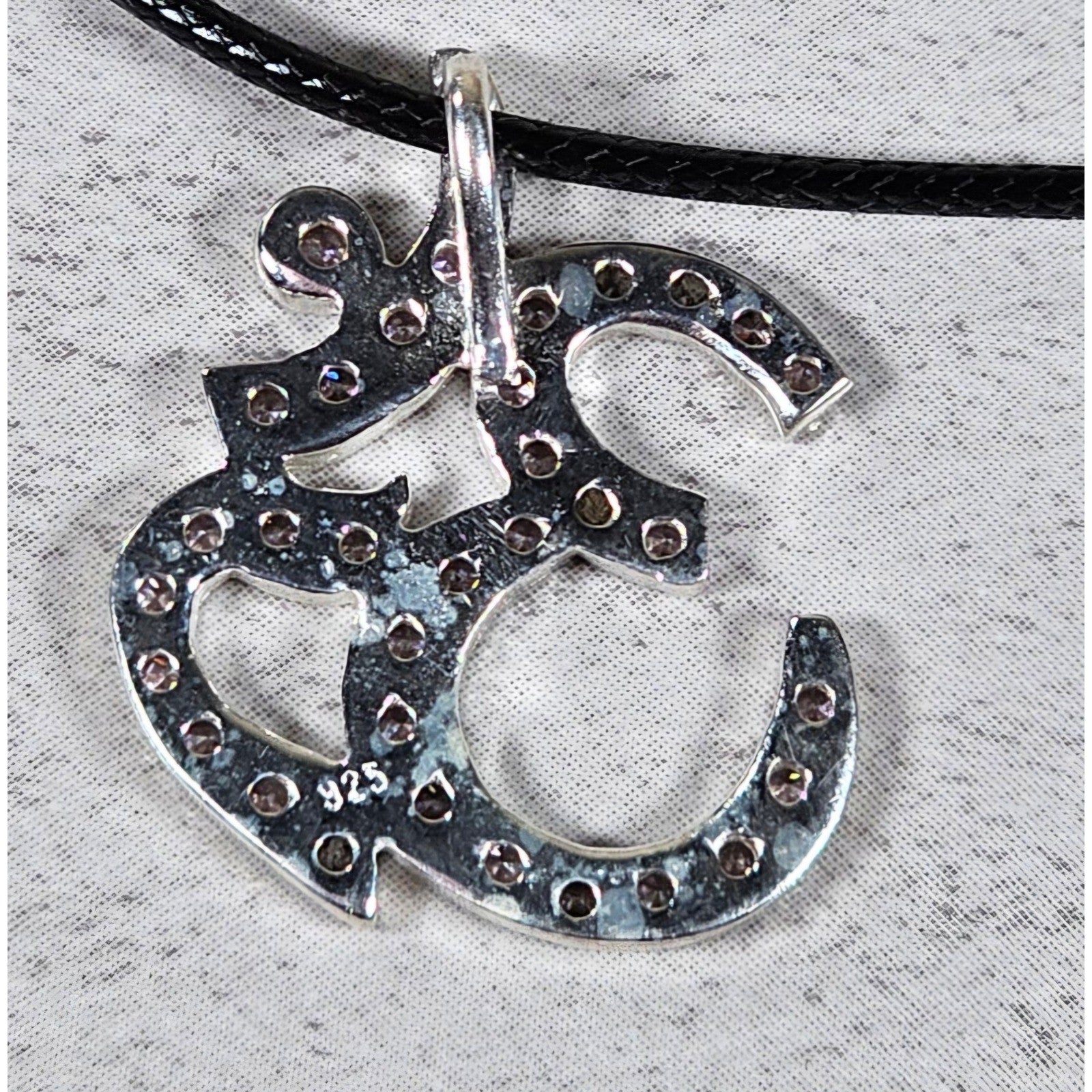 Vintage Sterling Silver Om Necklace Pink Crystal Pendant