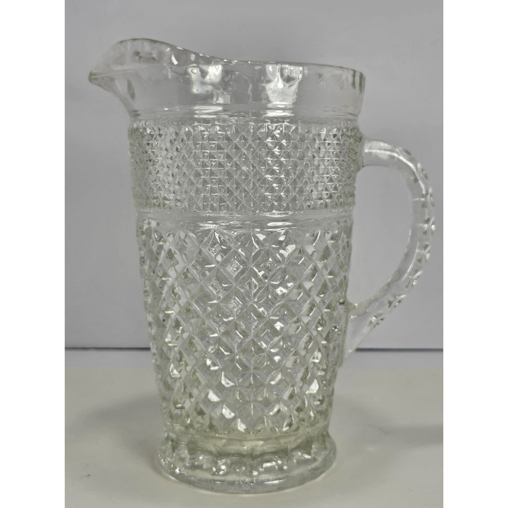 Vintage Heavy Clear Crystal Glass Diamond Pattern Water Pitcher – With Chip