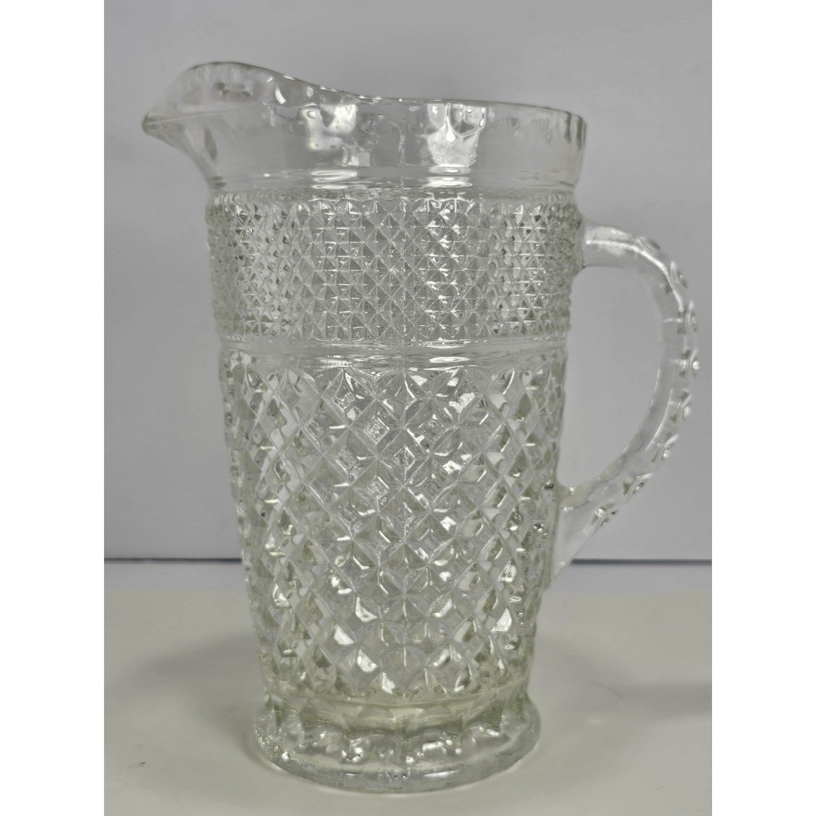 Vintage Heavy Clear Crystal Glass Diamond Pattern Water Pitcher – With Chip
