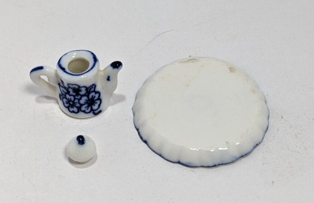 Dollhouse Tea Set with Blue White Floral Ceramic 1:12 Scale Miniature