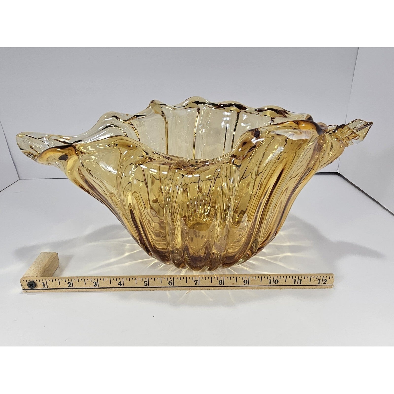 Vintage Amber Glass Conch Shell Bowl Sculpted Swirl Coastal Decor