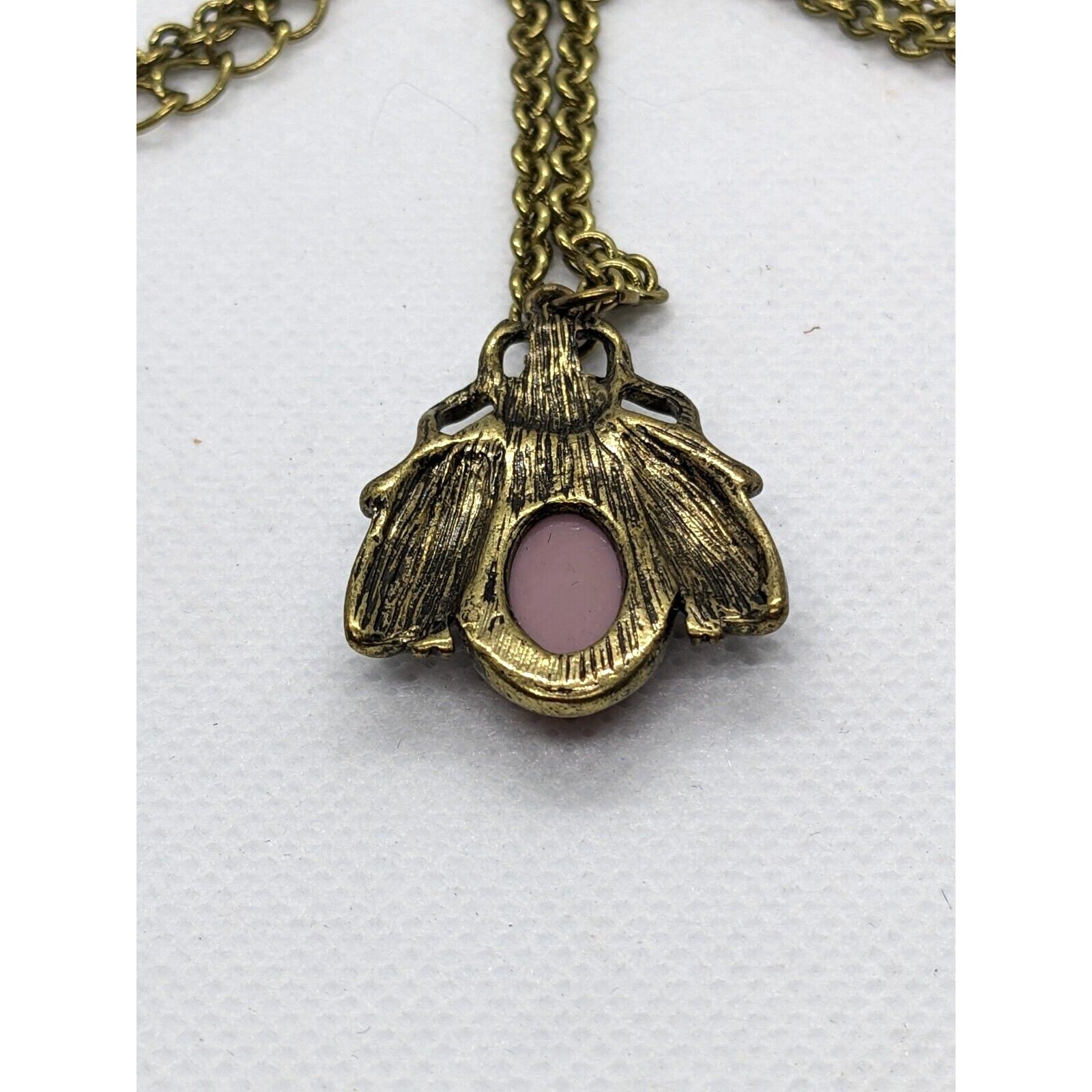 Gold Beetle Necklace 20 Inch Beaded Vintage Inspired Pendant