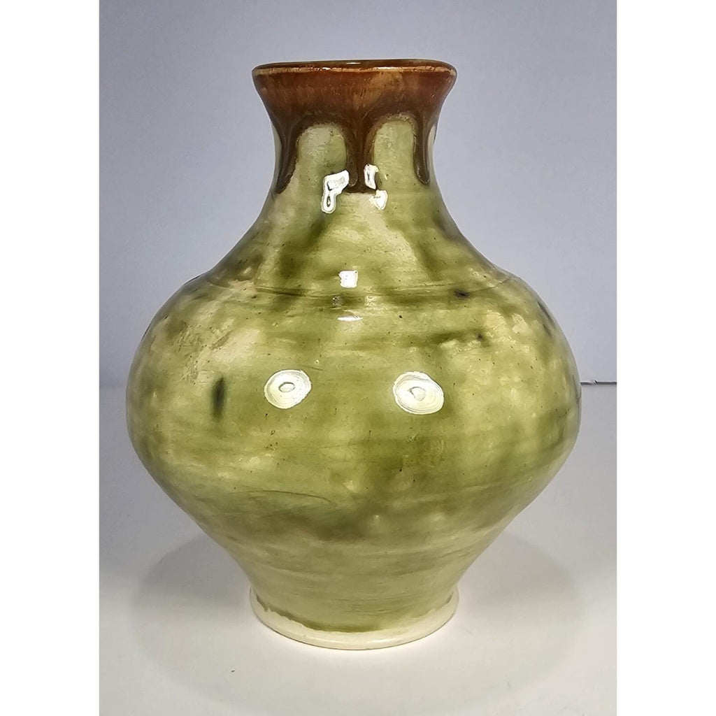 Green & Brown Drip-Glaze Pottery Vase • 5″ x 4.5″ Rustic Earth-Tone