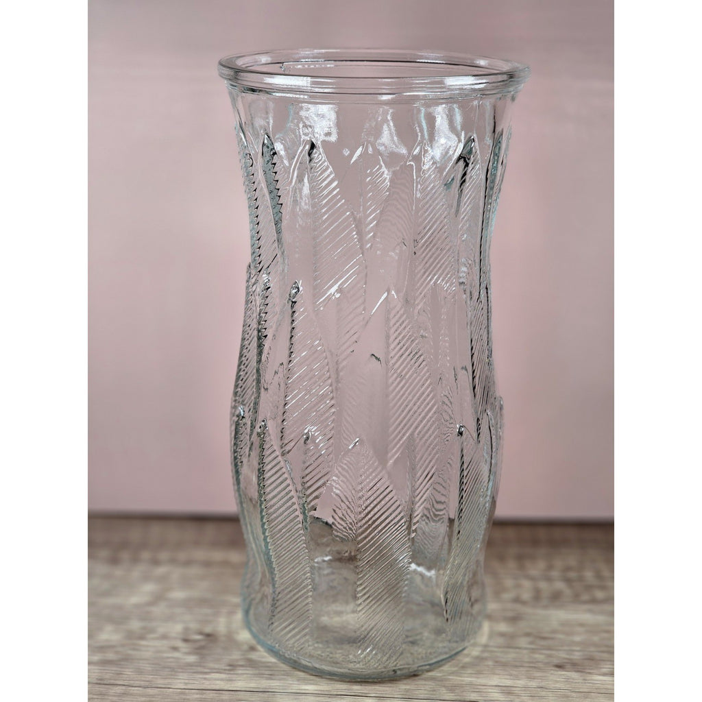 Vintage Brody Clear Glass Vase 9.5 Inch Mid Century Feather Leaf Design