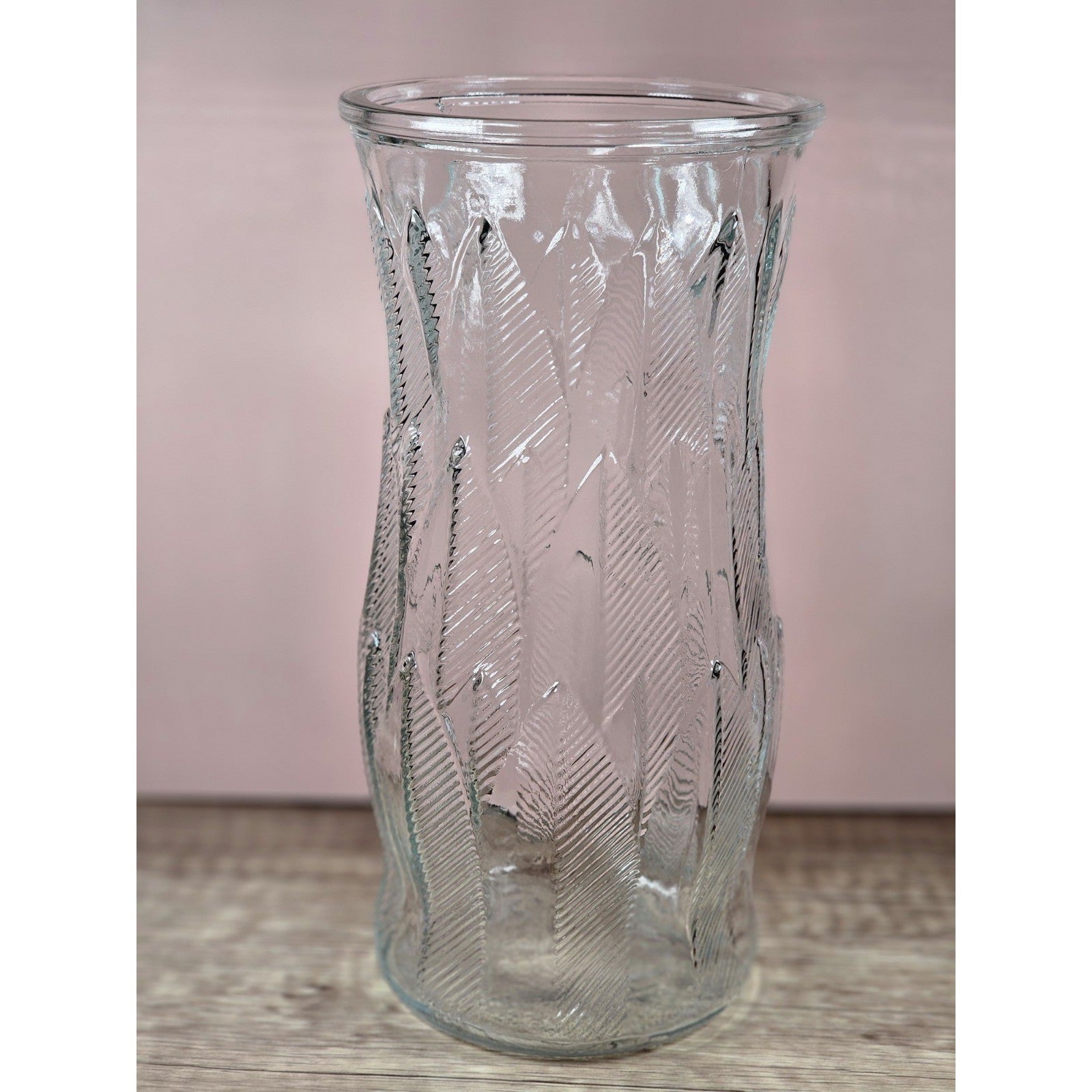 Vintage Brody Clear Glass Vase 9.5 Inch Mid Century Feather Leaf Design