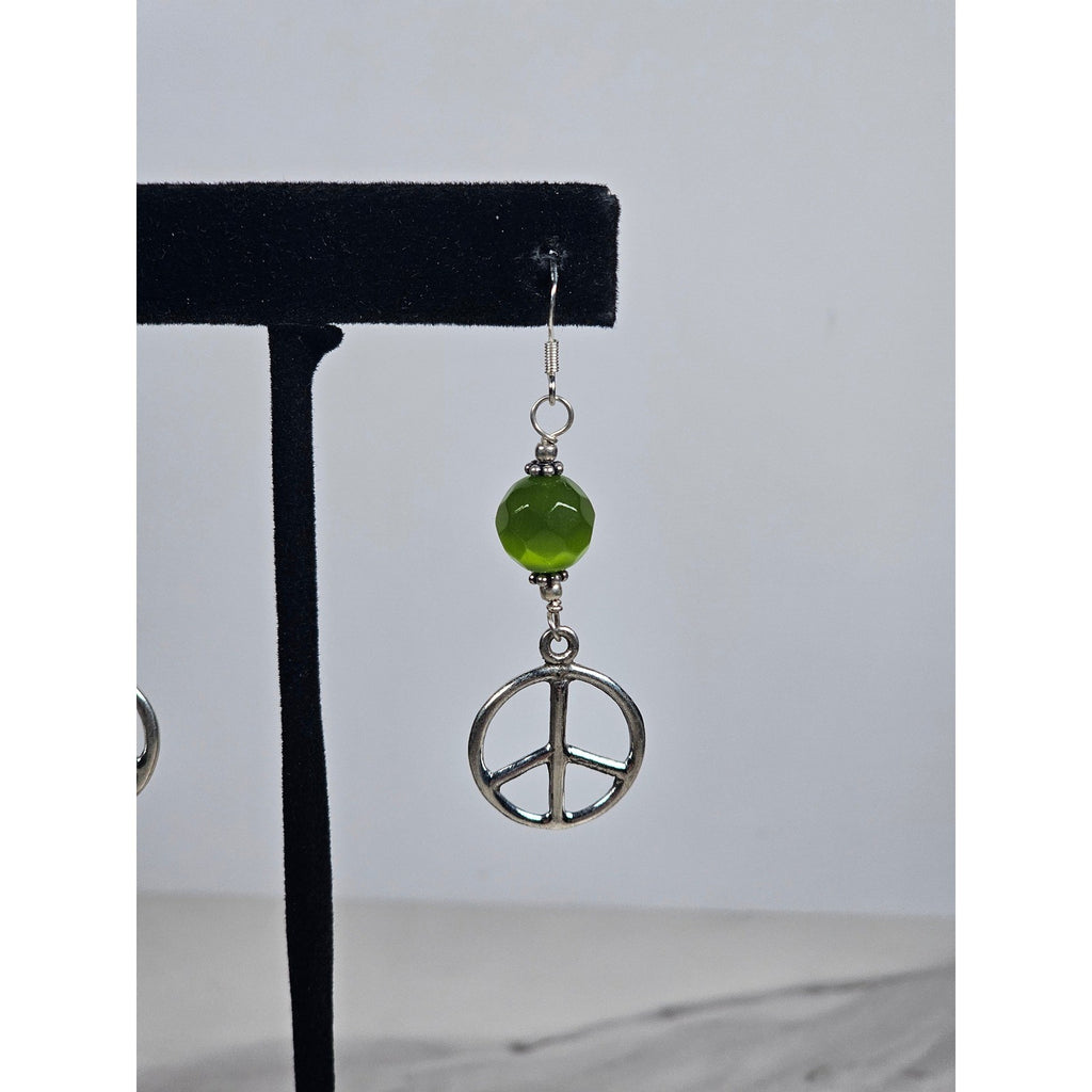 Vintage .925 Sterling Silver Peace Sign Dangle Earrings with Green Beads