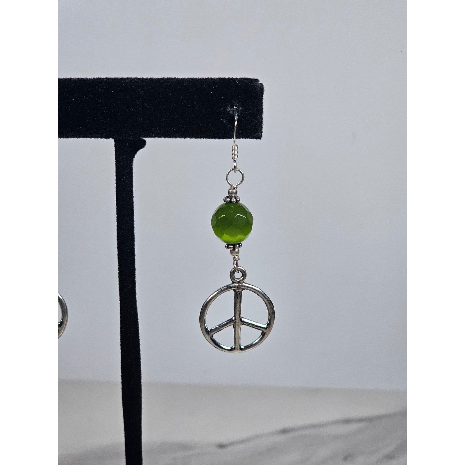 Vintage .925 Sterling Silver Peace Sign Dangle Earrings with Green Beads