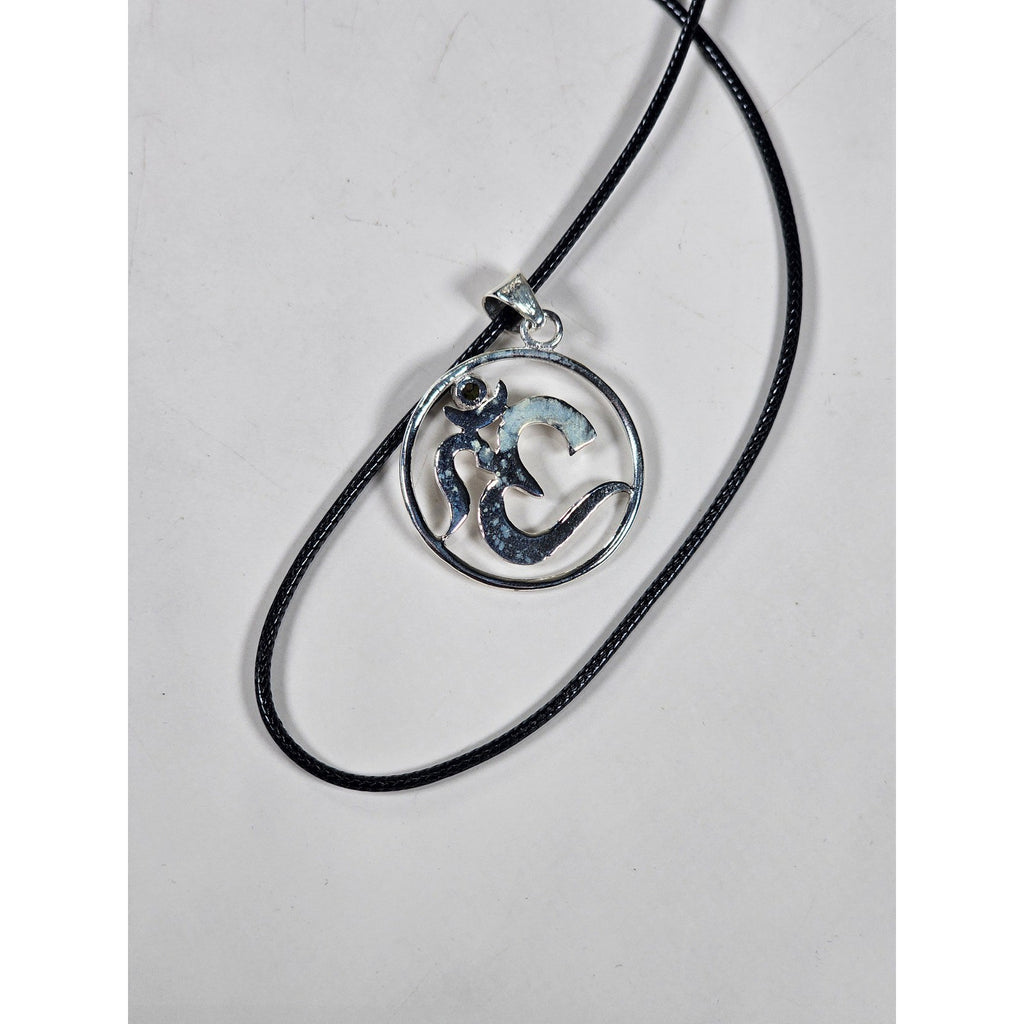 Vintage Sterling Silver Om Pendant with Green Stone Accent