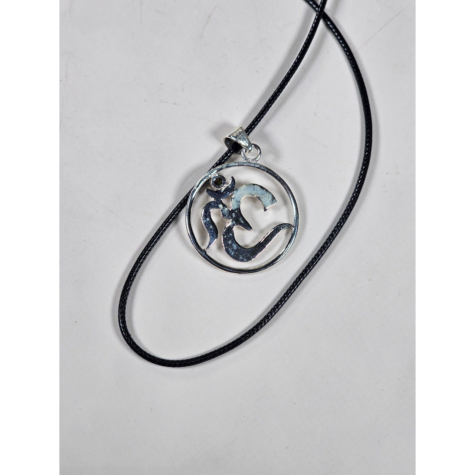 Vintage Sterling Silver Om Pendant with Green Stone Accent