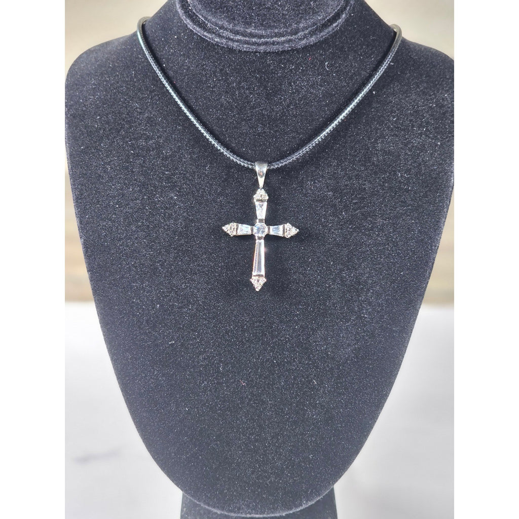 Vintage Sterling Silver Cross Necklace with CZ Stones Pendant