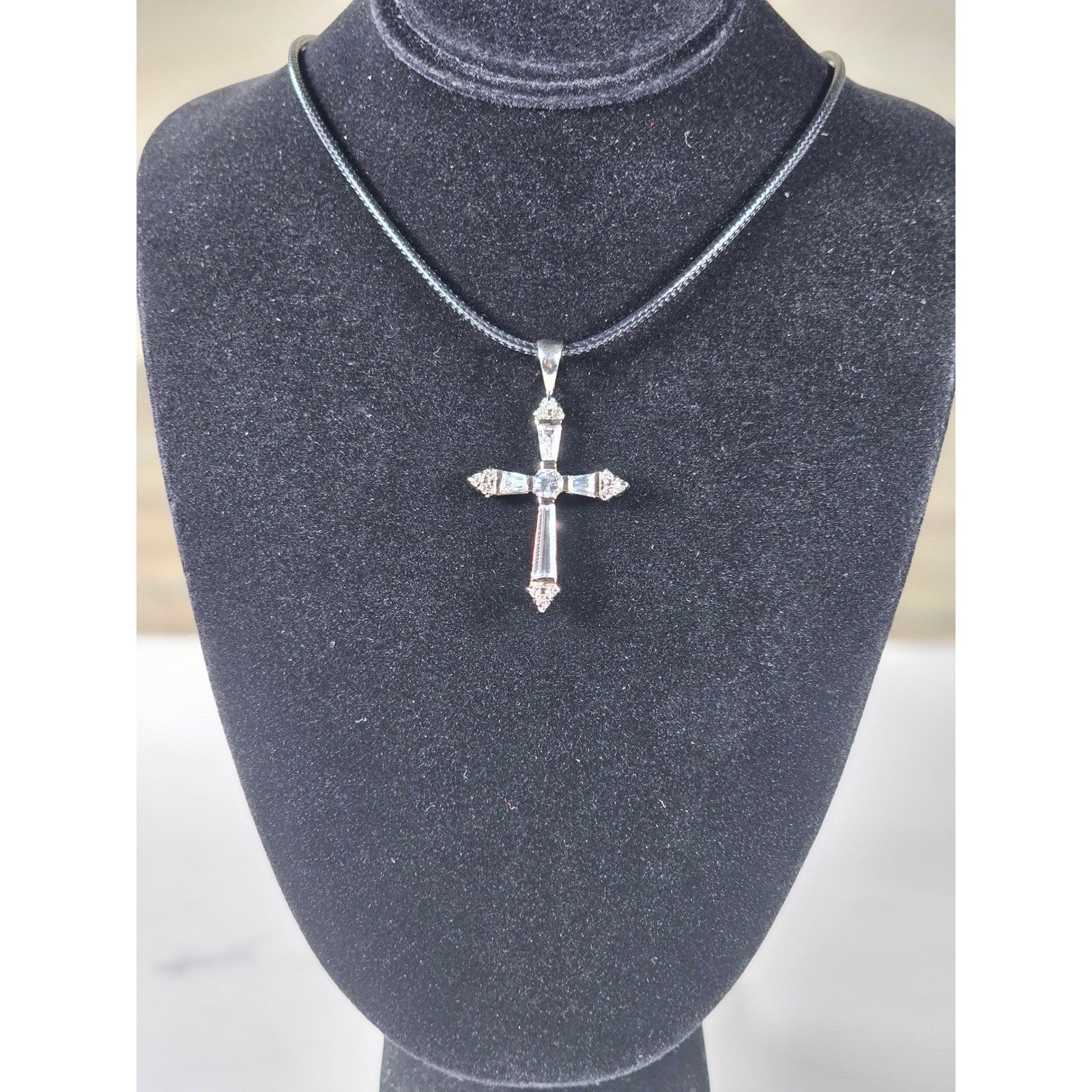 Vintage Sterling Silver Cross Necklace with CZ Stones Pendant