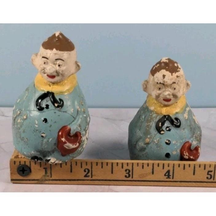 Antique Figural Salt Pepper Shakers Men Holding Hat Vintage Set