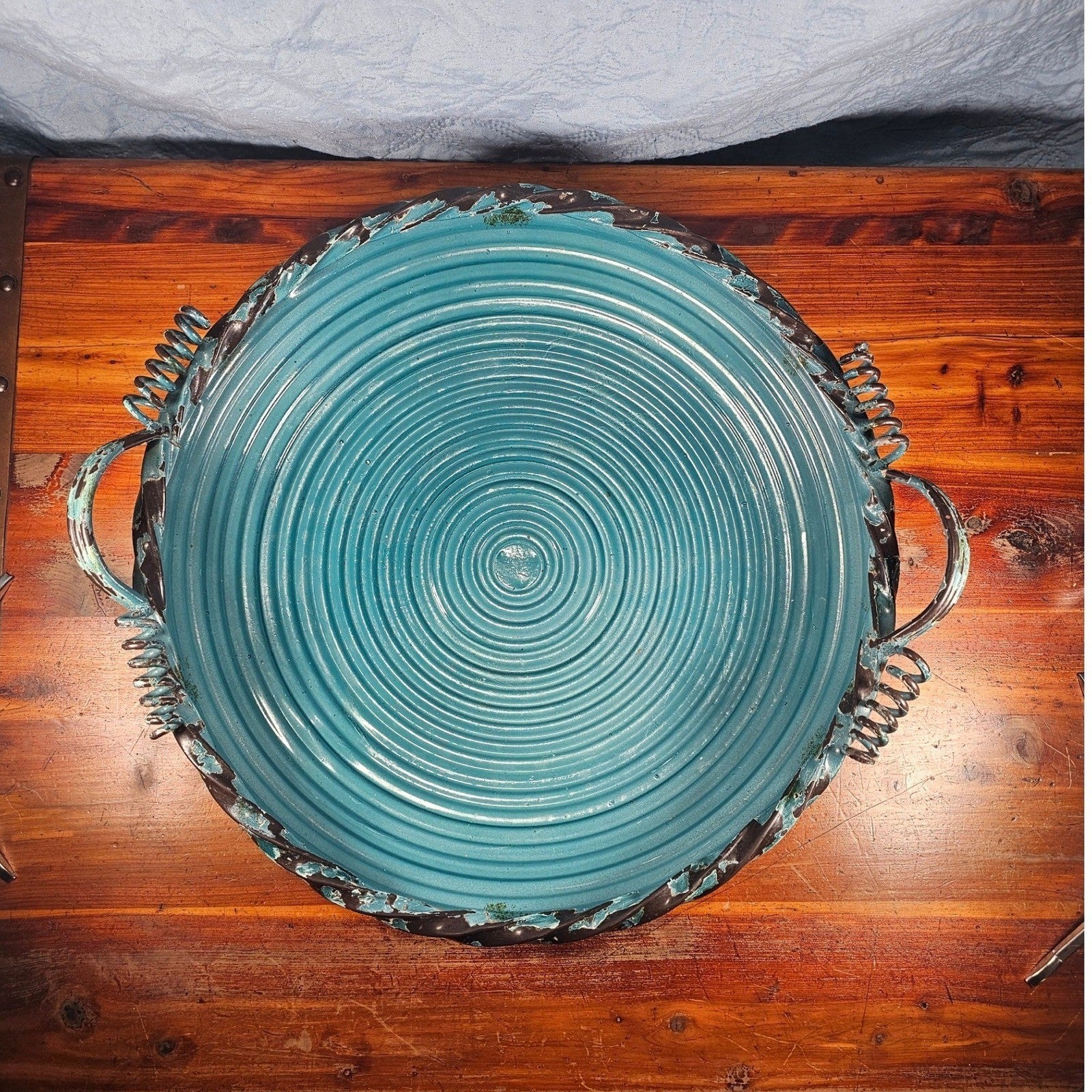 Vintage Teal Metal Tray with Handles | Distressed Round Serving Tray 16"