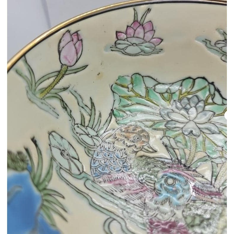 Antique Chinese Famille Rose Bowl Tongzhi Mark Lotus Mandarin Ducks
