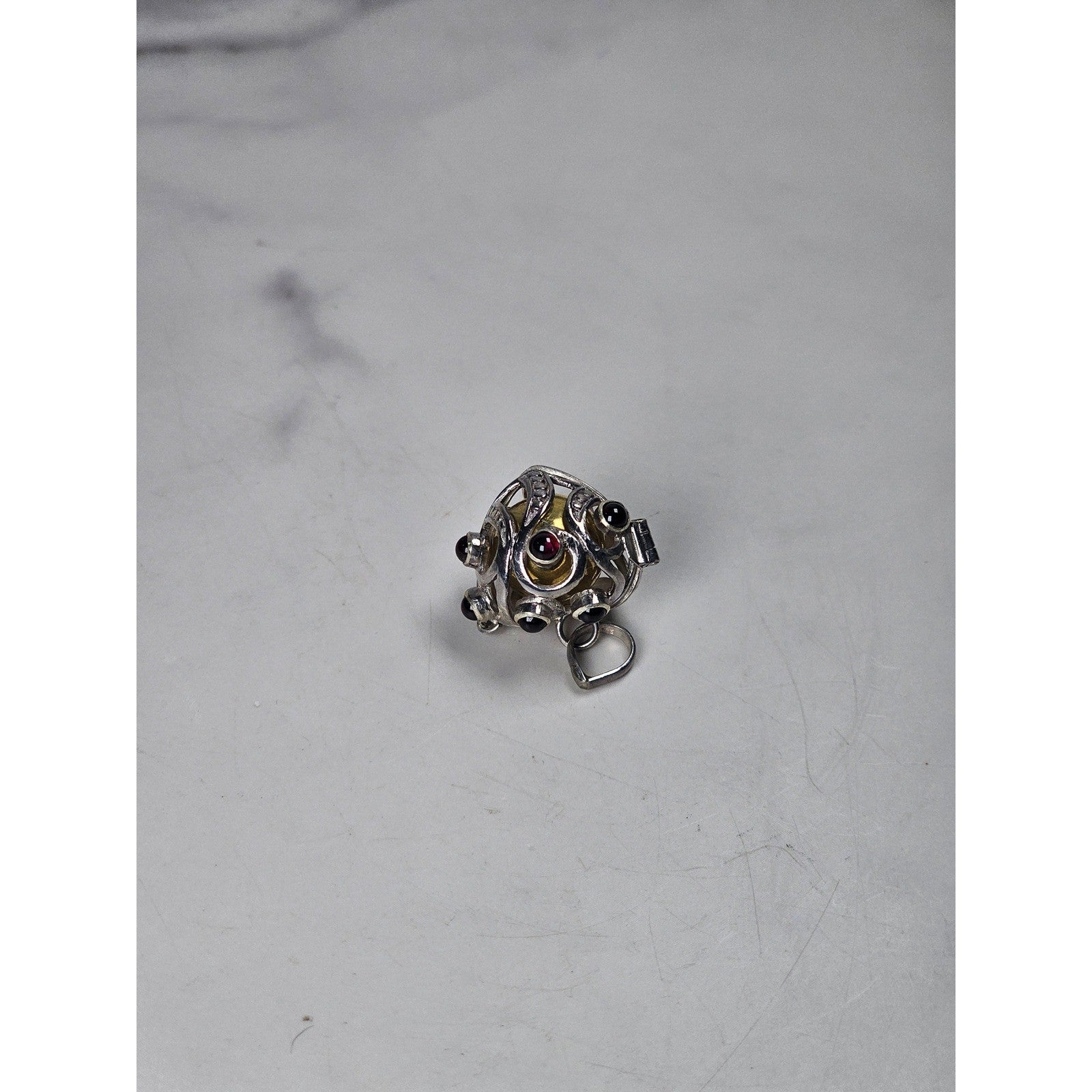 Vintage Hinged Locket Pendant with Inner Sphere & Dark Stone Accents