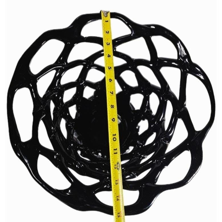 Vintage Black Art Glass Basket Weave Vase, Openwork Sculptural Decor