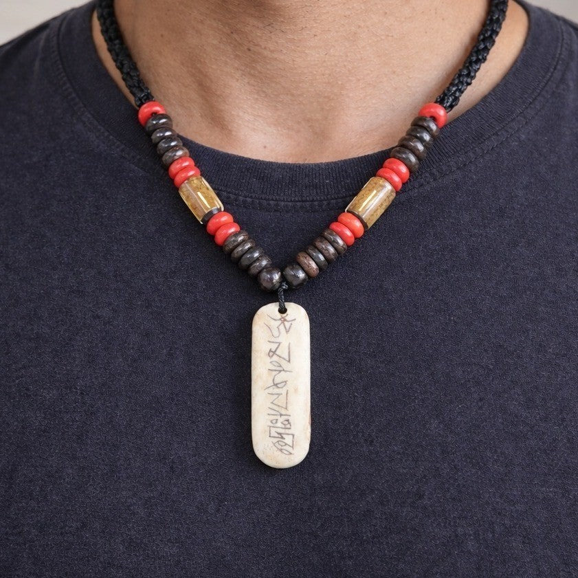 Vintage Tribal Script Pendant Necklace Wood & Red Beads