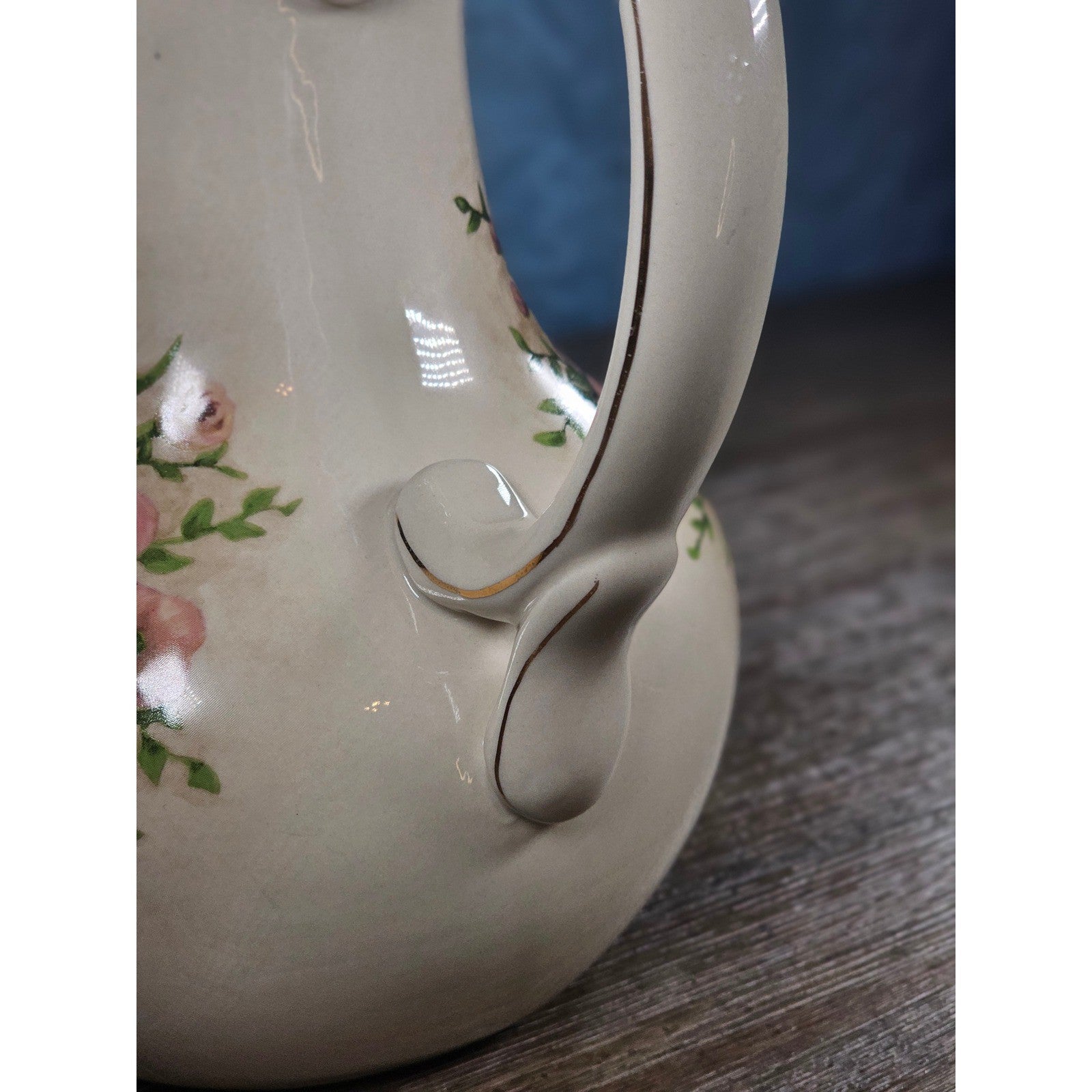 Vintage Belk Floral Ceramic Pitcher Rose Urn Design Cream Vase Handle