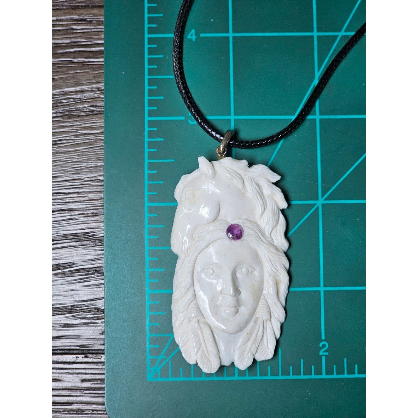 Carved Face Pendant Necklace With Purple Stone Accent Vintage Style