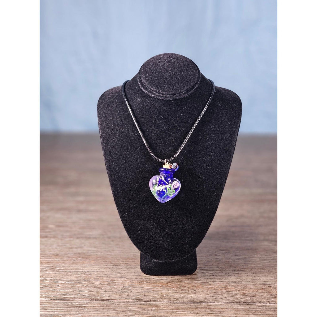 Vintage Glass Heart Vial Necklace Blue Hand Blown Art Glass Pendant