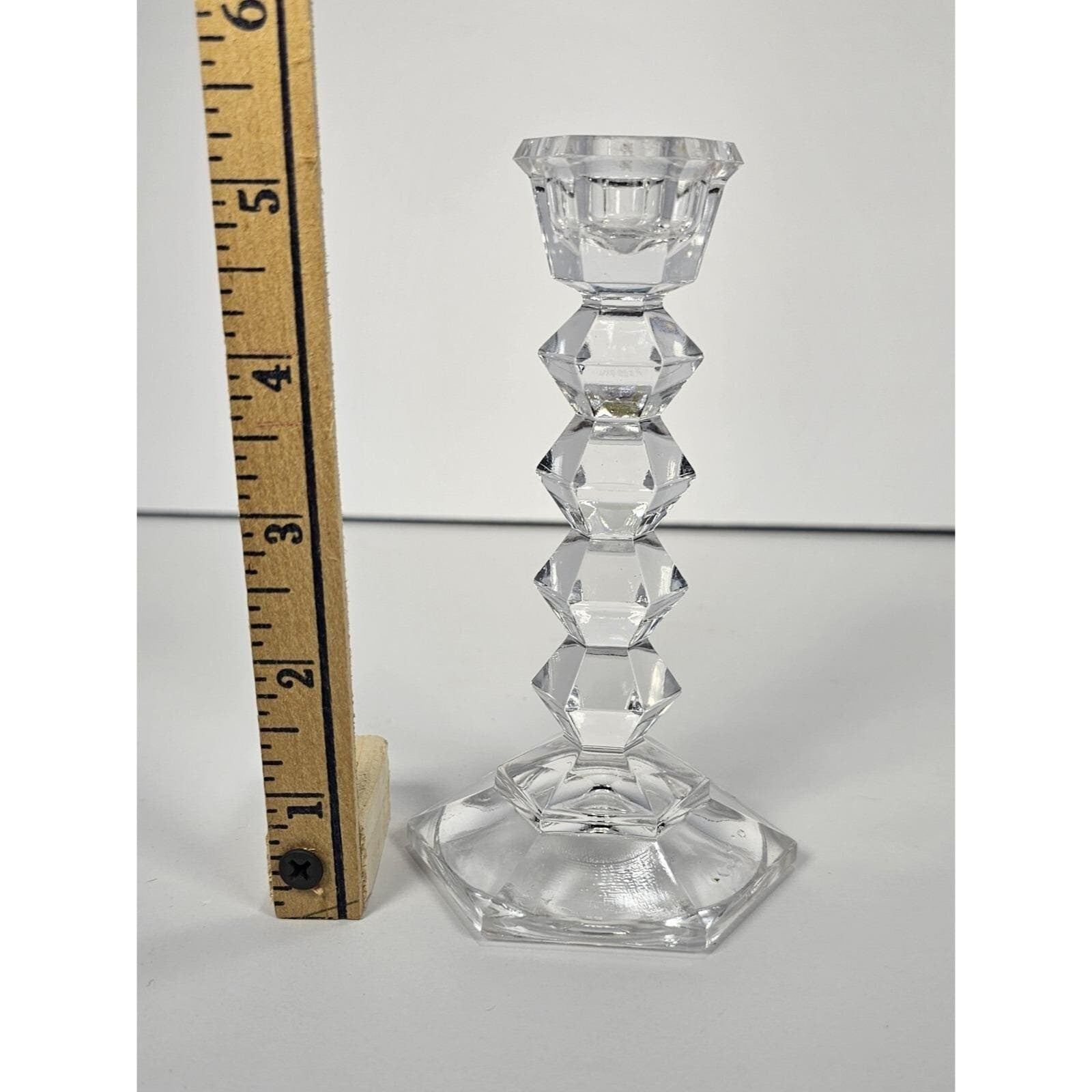 Vintage Faceted Crystal Candlestick Holder Hexagonal Base 5 Inch