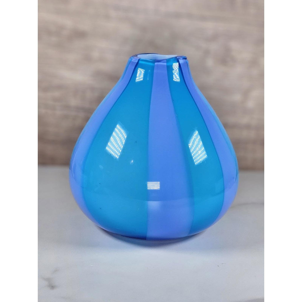 Hand Blown Cased Glass Vase Blue Purple Striped Circus Tent Pattern