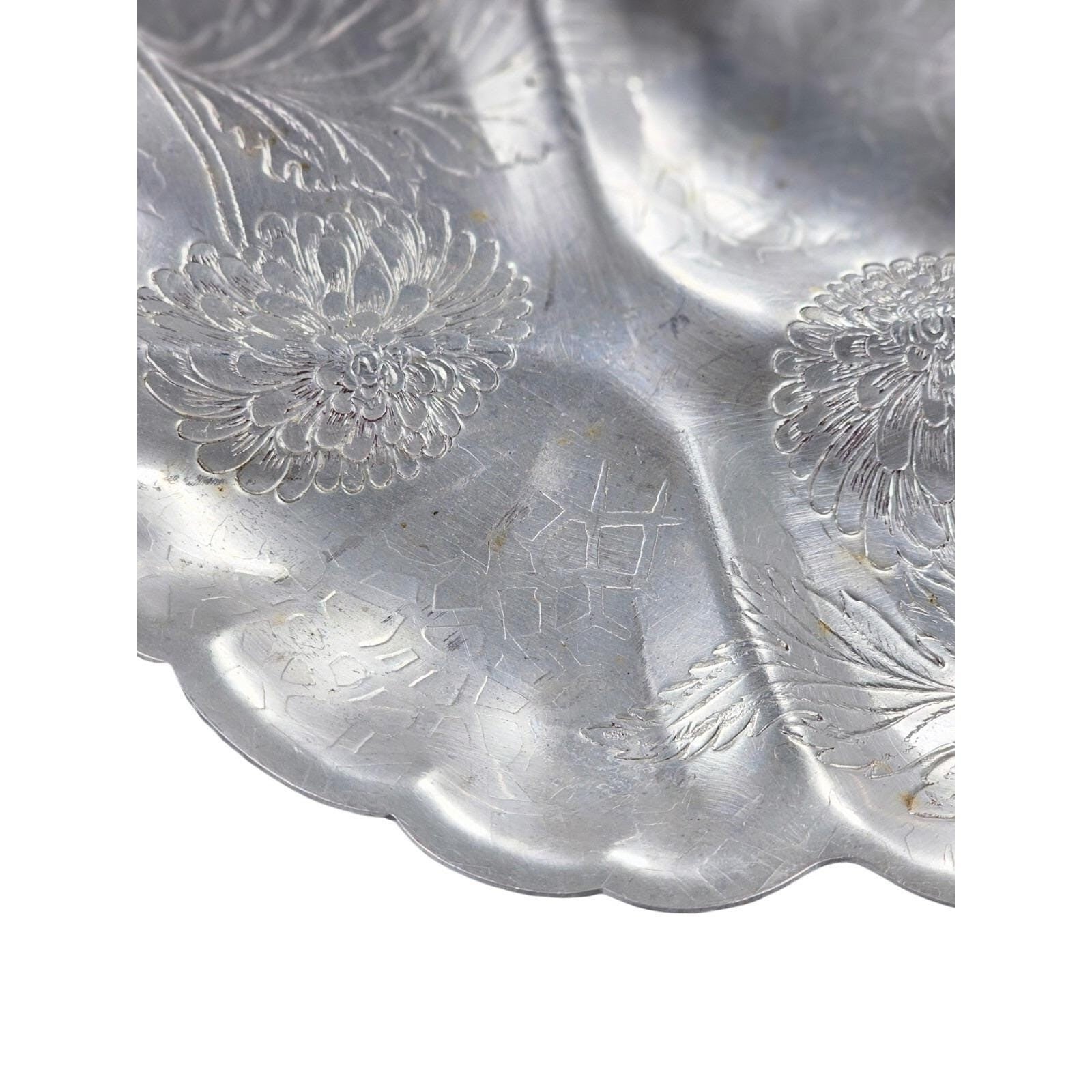 Vintage Forman Etched Aluminum Tray Oval Floral Sectioned Serving Tray 9.5"