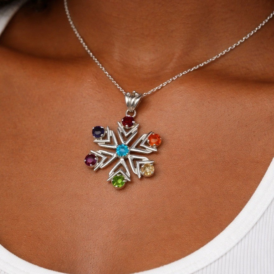 Vintage Sterling Silver Multistone Snowflake Pendant | Colorful Gemstone Charm