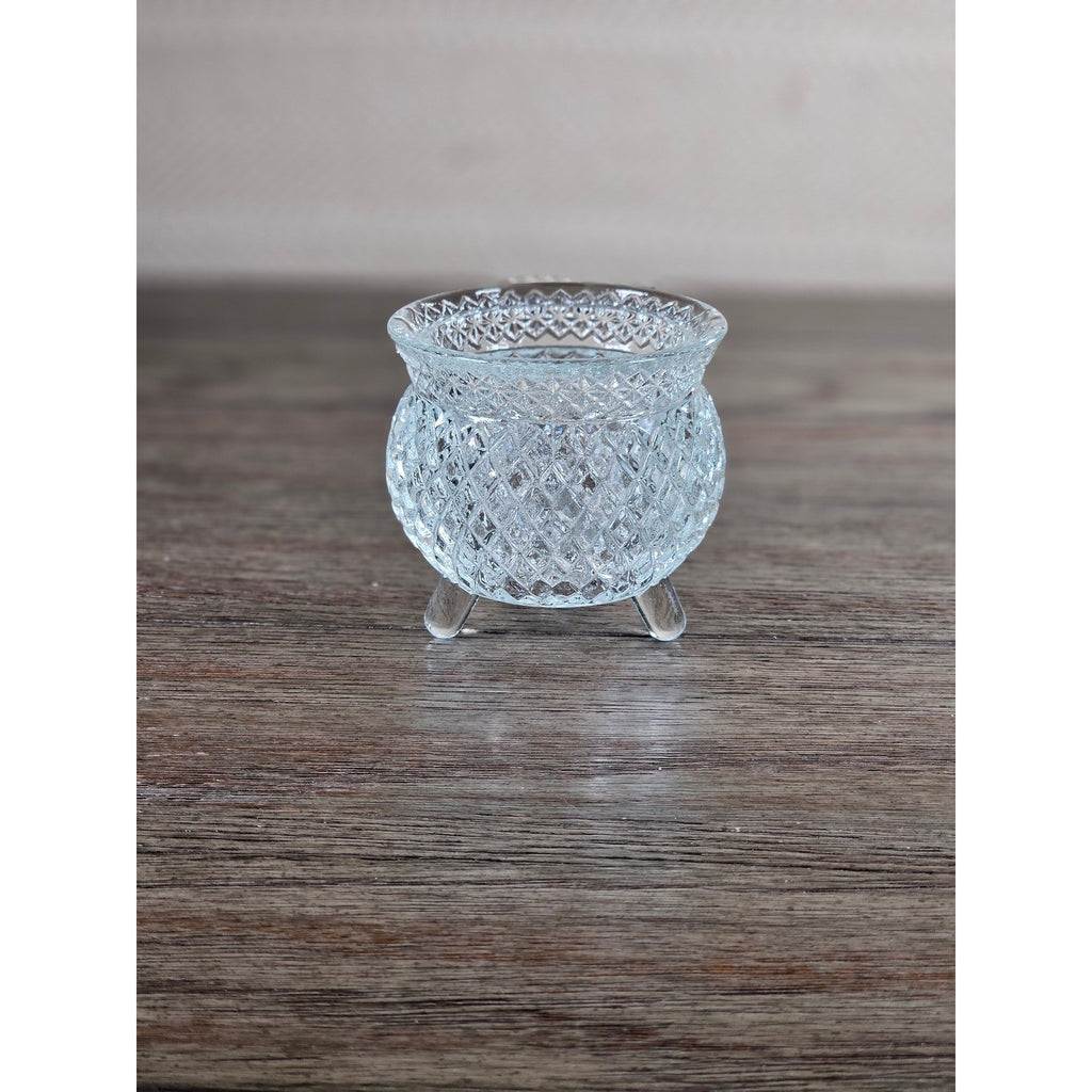Vintage Cut Glass Footed Bowl 3x3 Diamond Pattern Trinket Dish