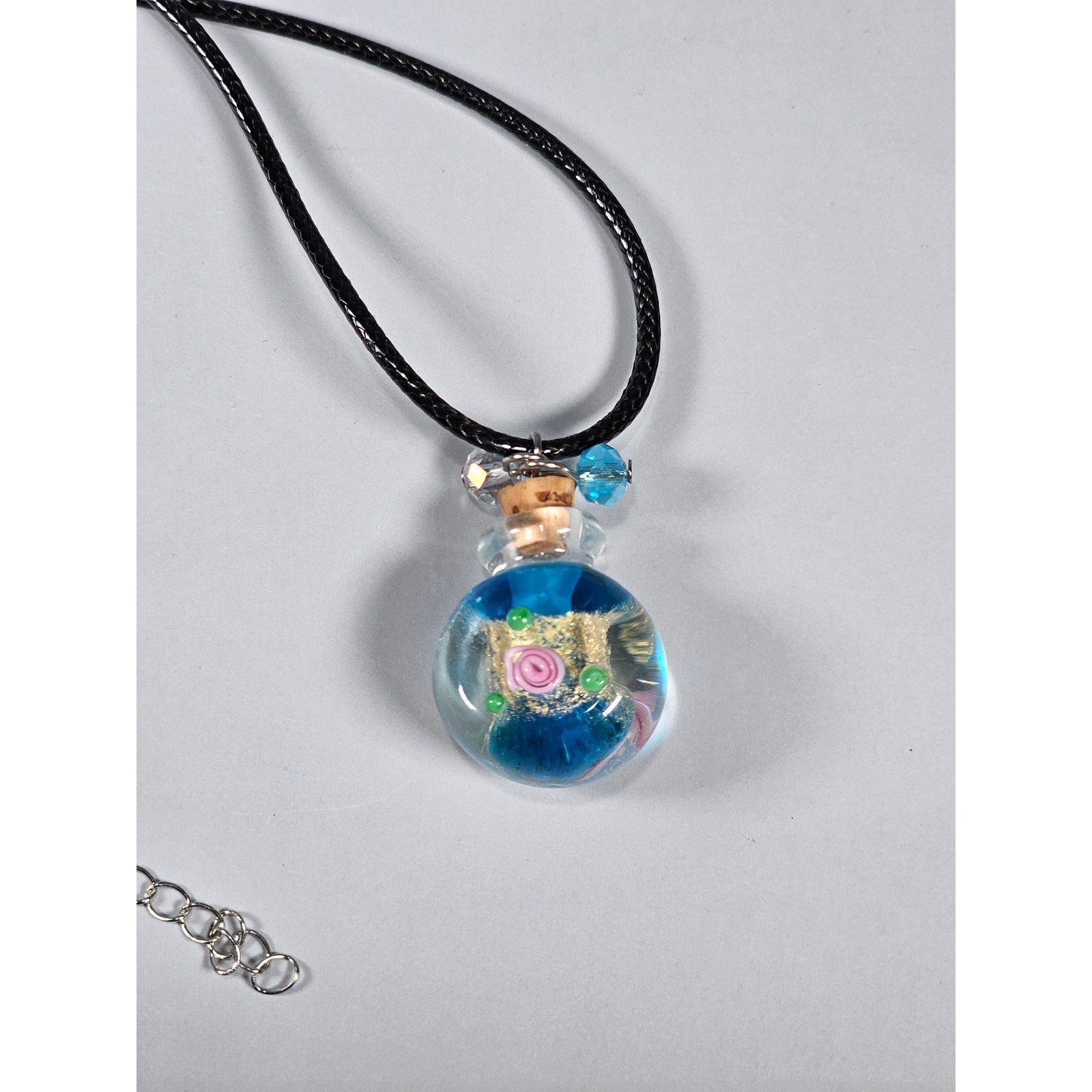 Glass Bottle Pendant Necklace Blue Floral Cork Vial Charm Necklace