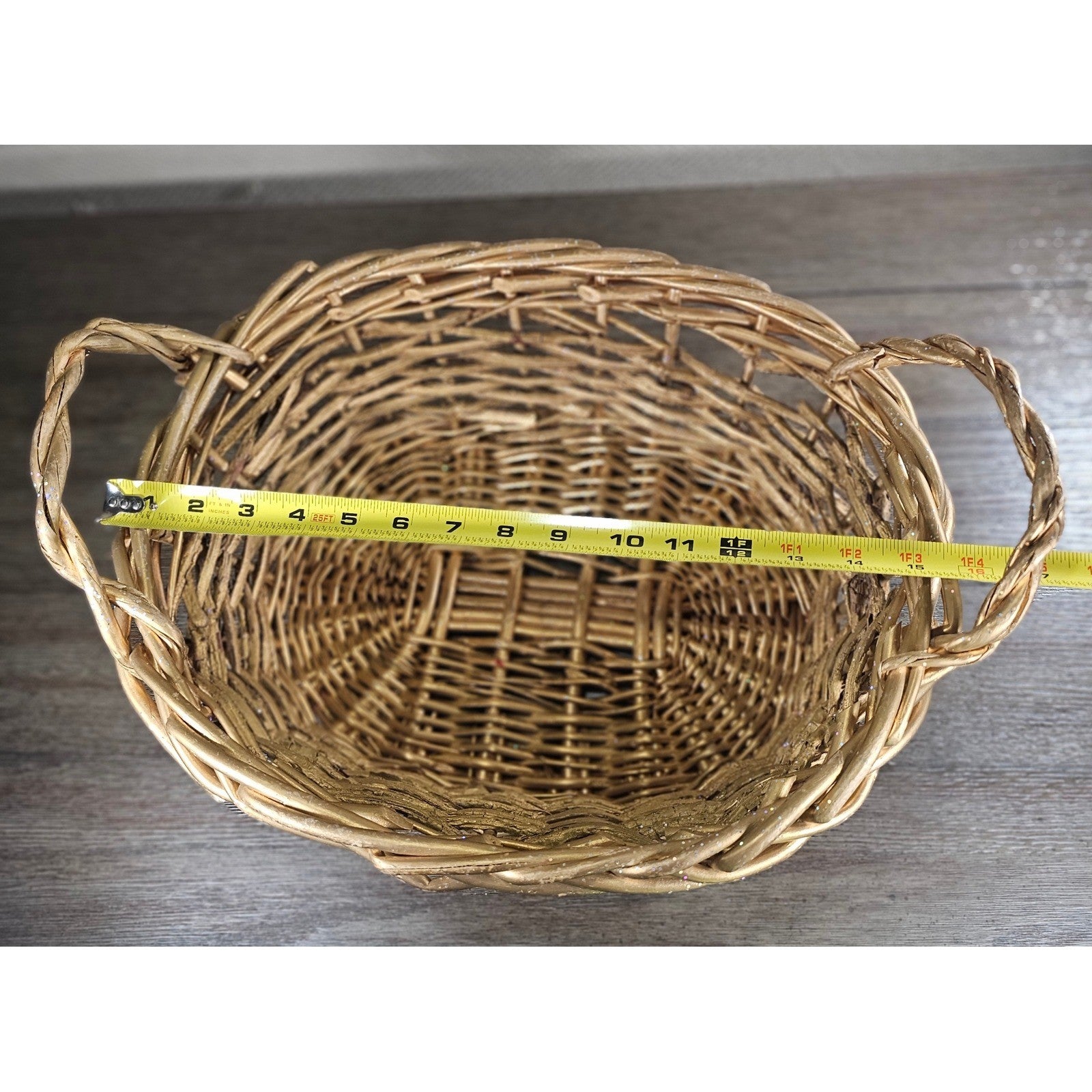 Vintage Gold Glitter Wicker Basket with Handles | Rustic Cottage Decor