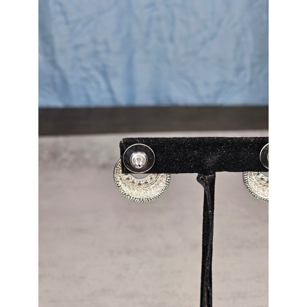 Vintage Silver-Tone Swirl Circle Stud Earrings with Rhinestone Accent