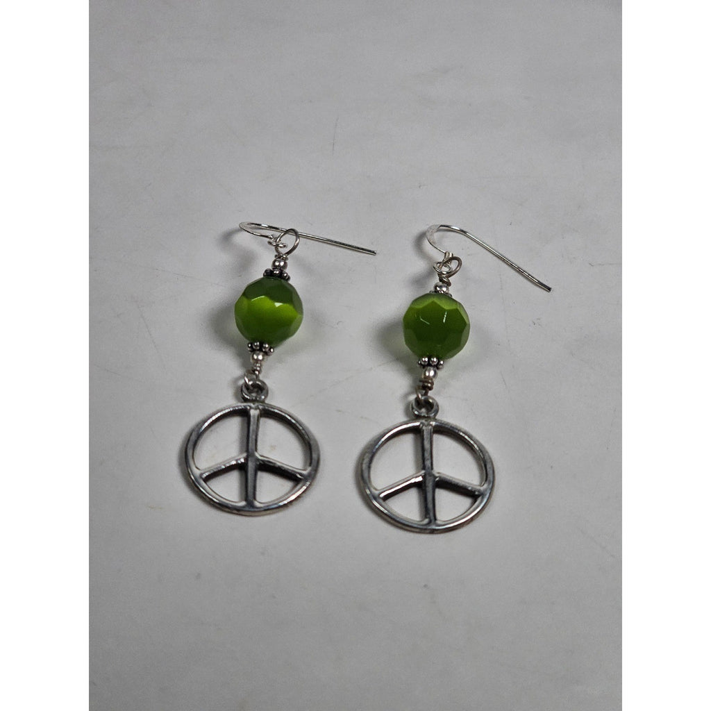 Vintage .925 Sterling Silver Peace Sign Dangle Earrings with Green Beads