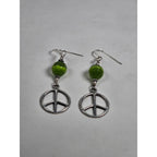 Vintage .925 Sterling Silver Peace Sign Dangle Earrings with Green Beads