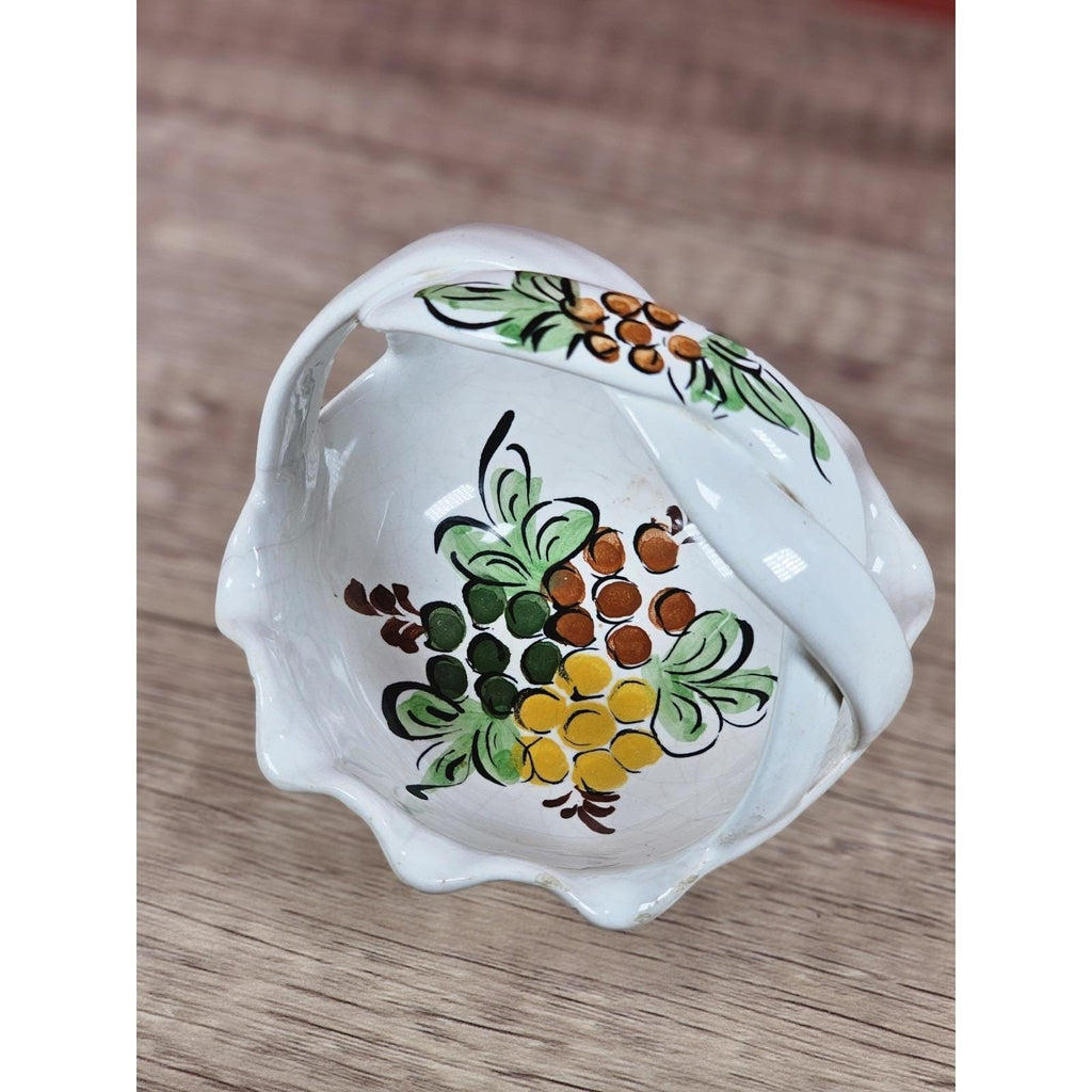 Vintage Portuguese Hand Painted Ceramic Basket with Floral Design