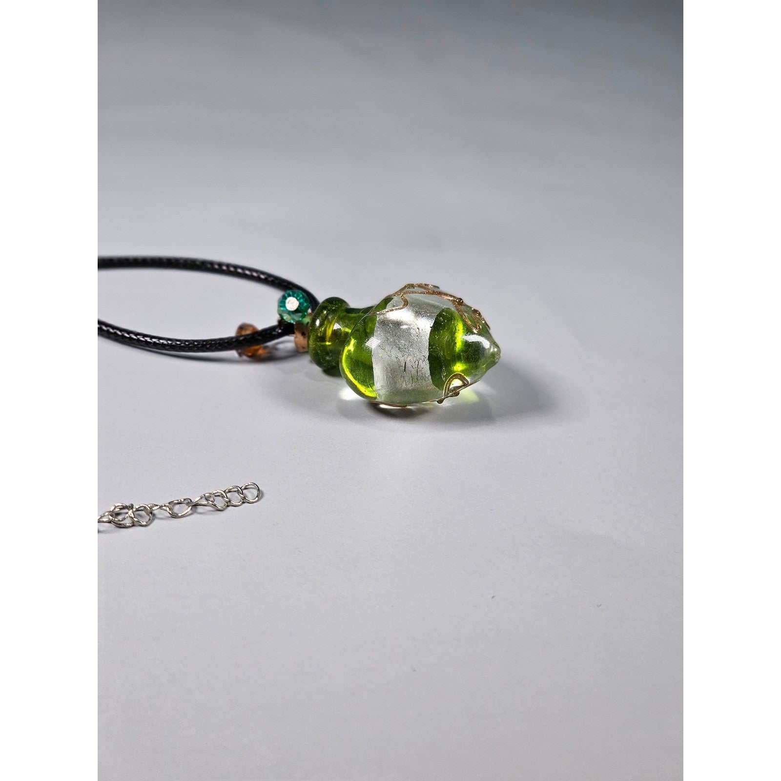 Green Glass Heart Bottle Necklace with Cork Stopper on Black Cord