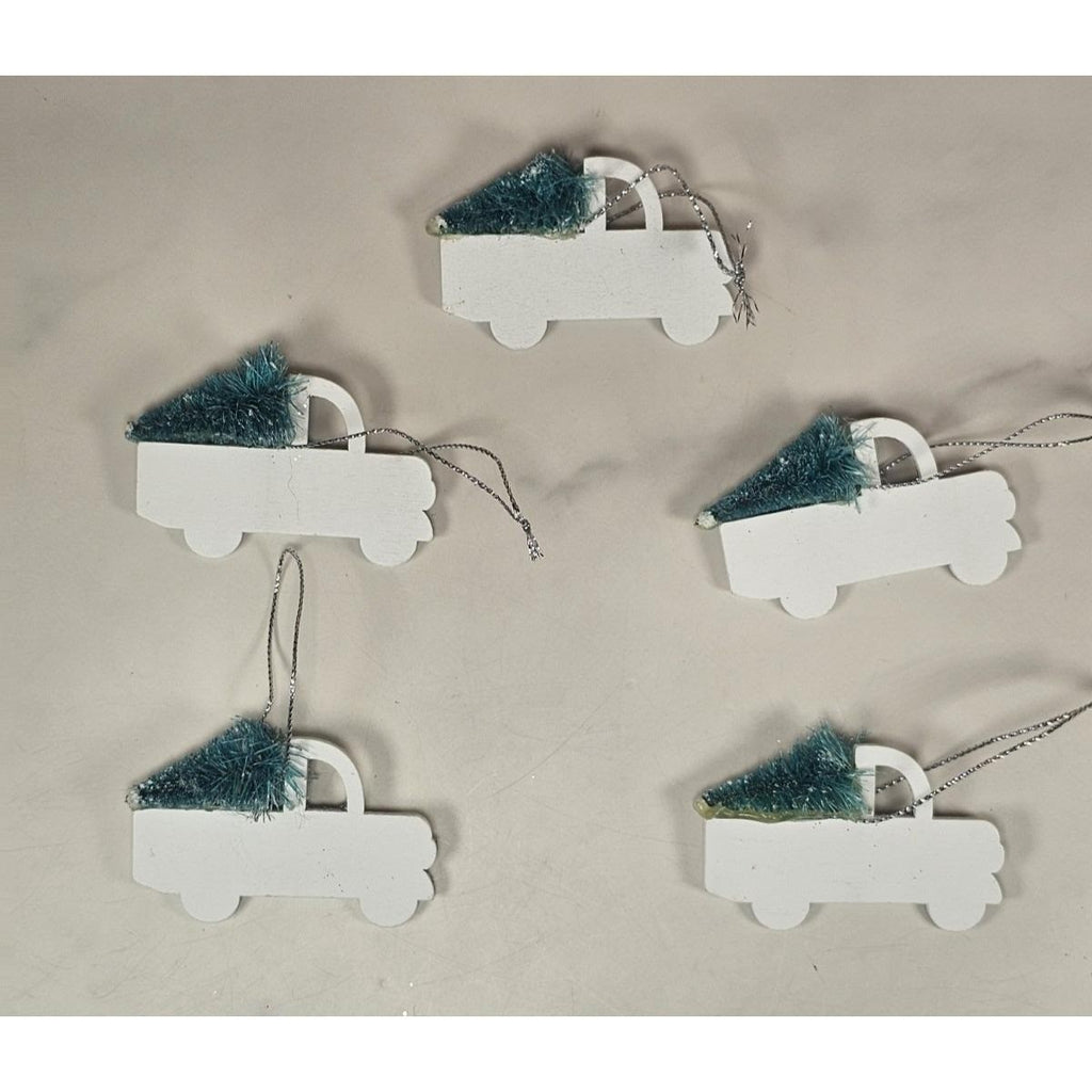 Set of 5 White Pickup Truck Christmas Ornaments with Tree Glitter Holiday Decor