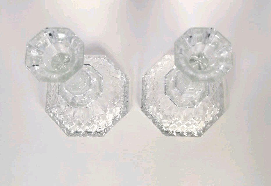 Set of 2 Vintage Crystal Diamond-Pattern Octagon Candlestick Holders 7.5″ x 4″