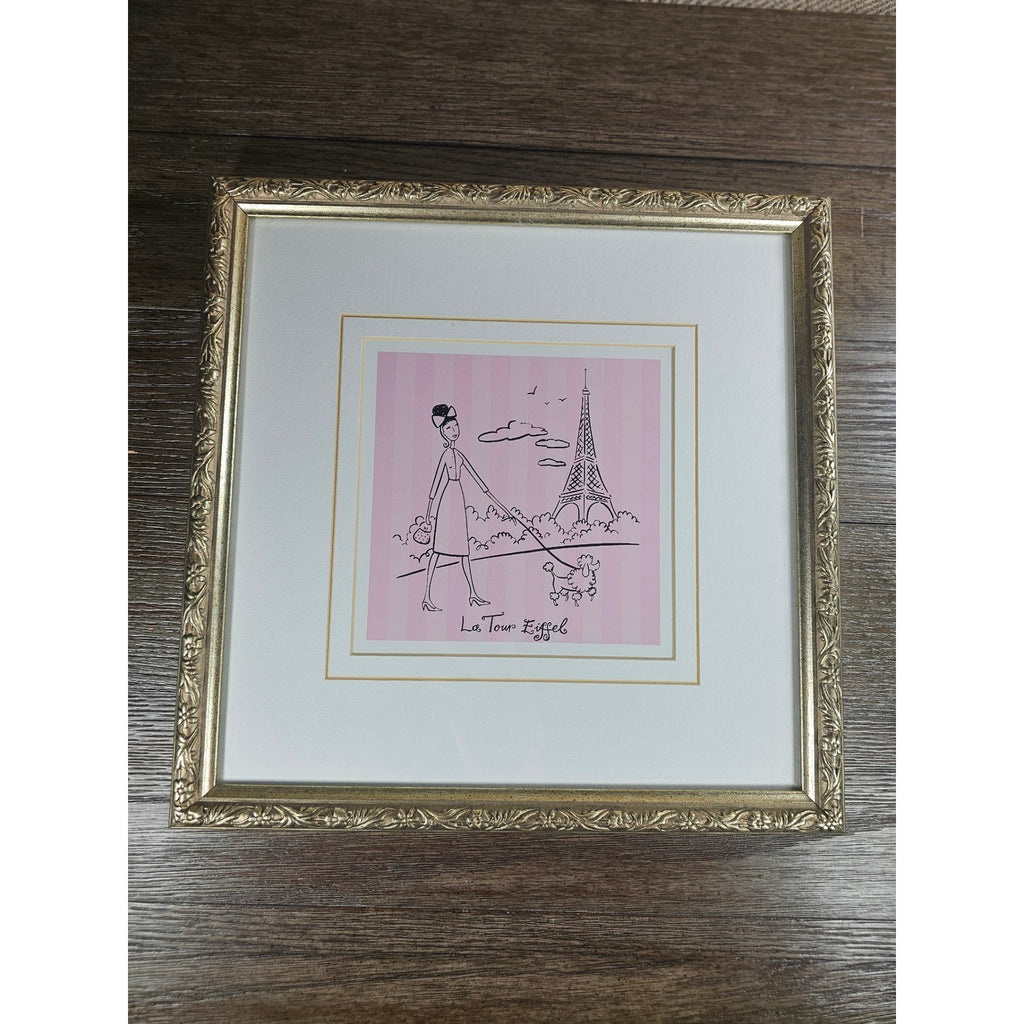 Vintage Paris Eiffel Tower Art Print Framed 13x13 French Poodle Illustration